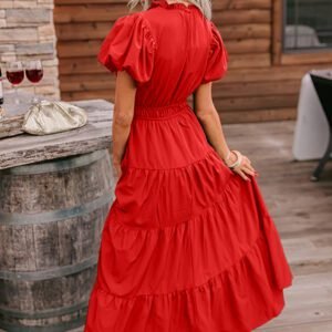 Coral Solid Color V Neck Short Puff Sleeve High Waist Tiered Maxi Dress