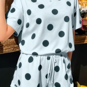 Sky Blue Polka Dot Print Loose Tee Drawstring Elastic Waist Short Set