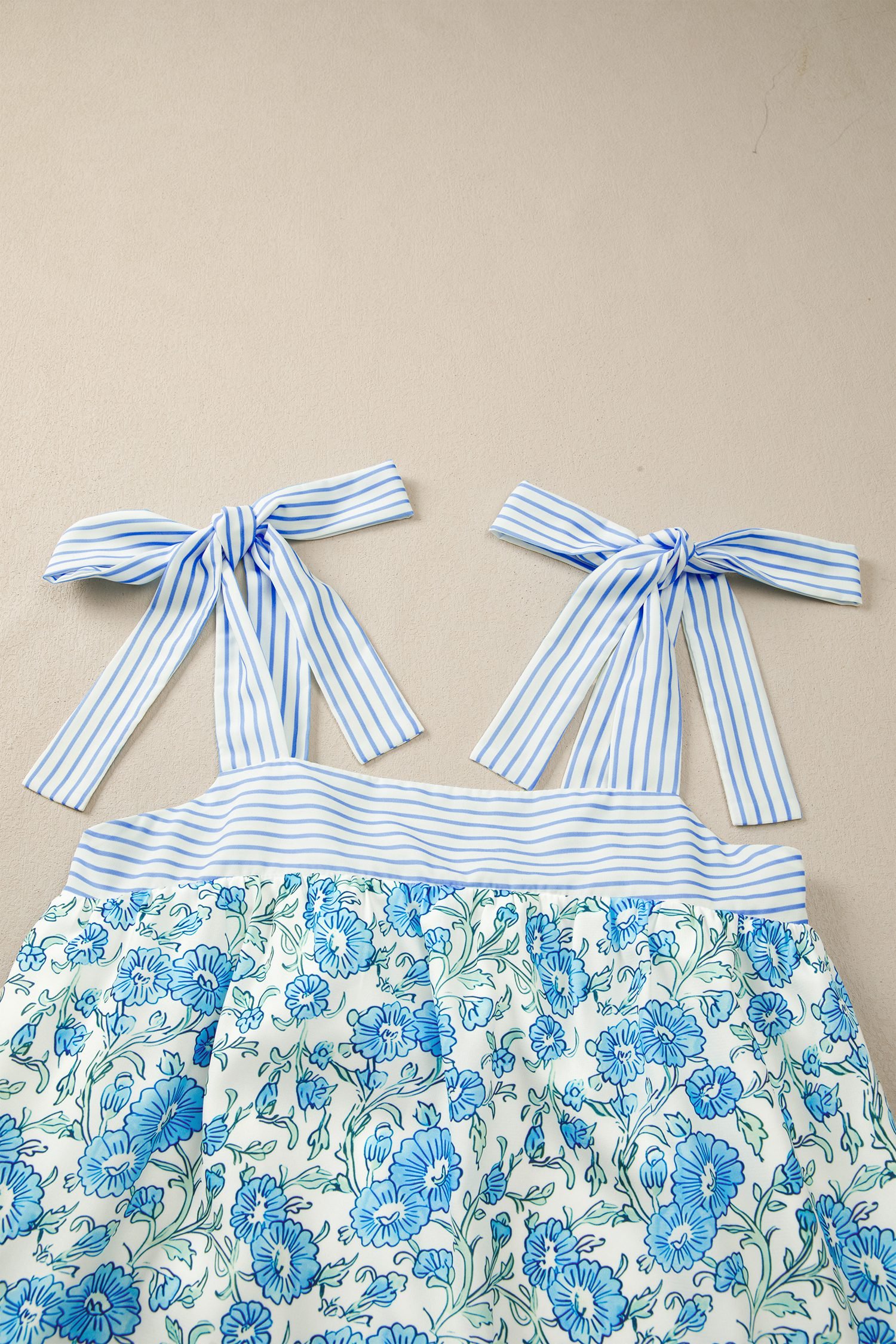 Sky Blue Floral Print Striped Patchwork Bow Knot Straps Mini Dress