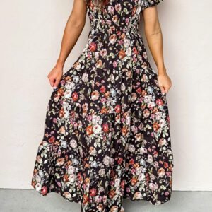 Black Floral Print V Neck Pleated Tiered Maxi Dress