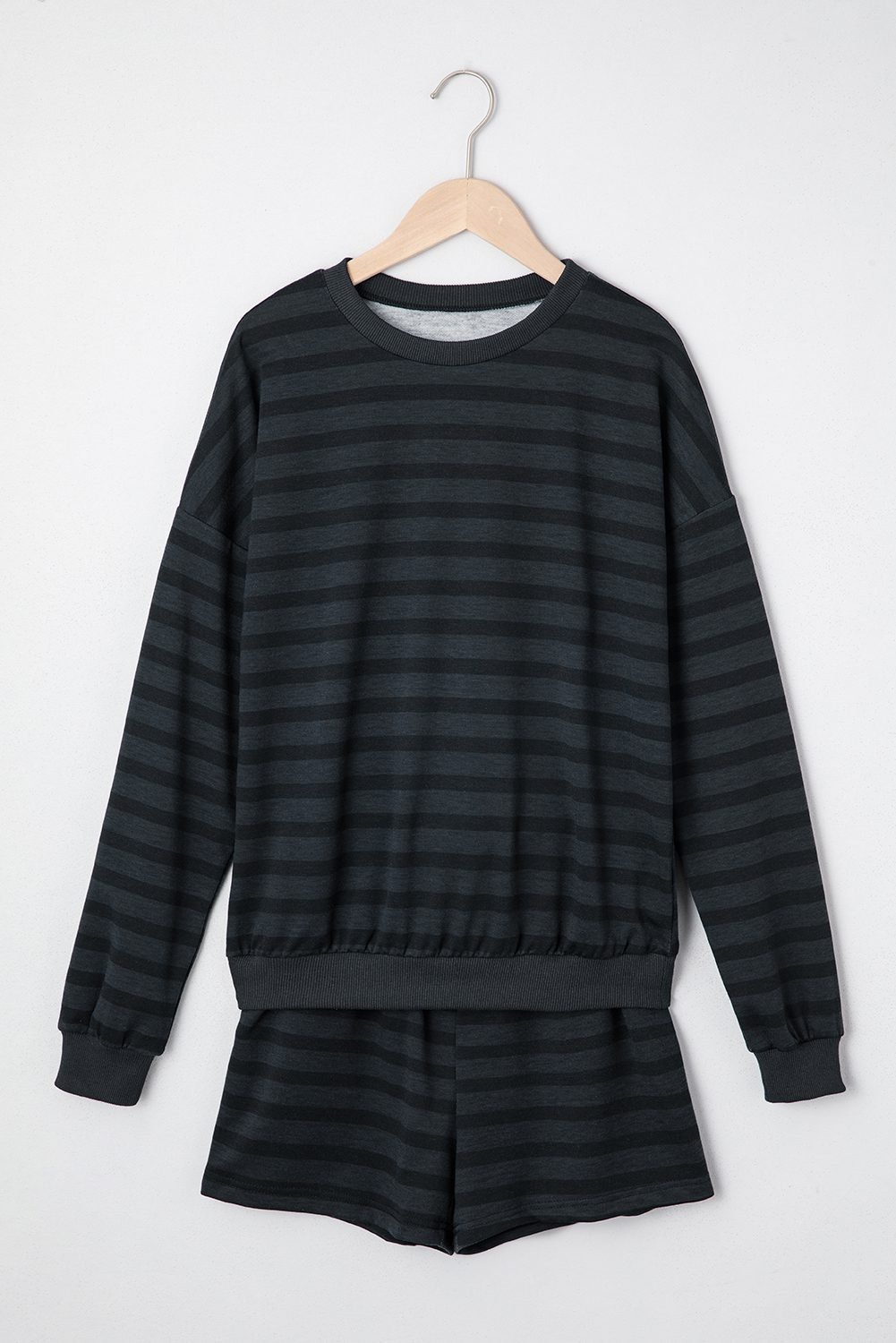 Gray Printed Stripe Long Sleeve Satin Tie Shorts Two Piece Set