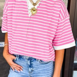 Pink Stripe Round Neck Drop Shoulder Short Sleeve Loose Top
