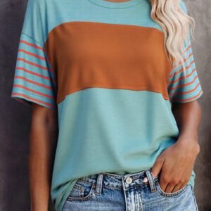 Mint Green Color Block Striped Detail Loose T Shirt