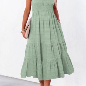 Green Shirred Pleated Square Neck Sleeveless Midi Dress