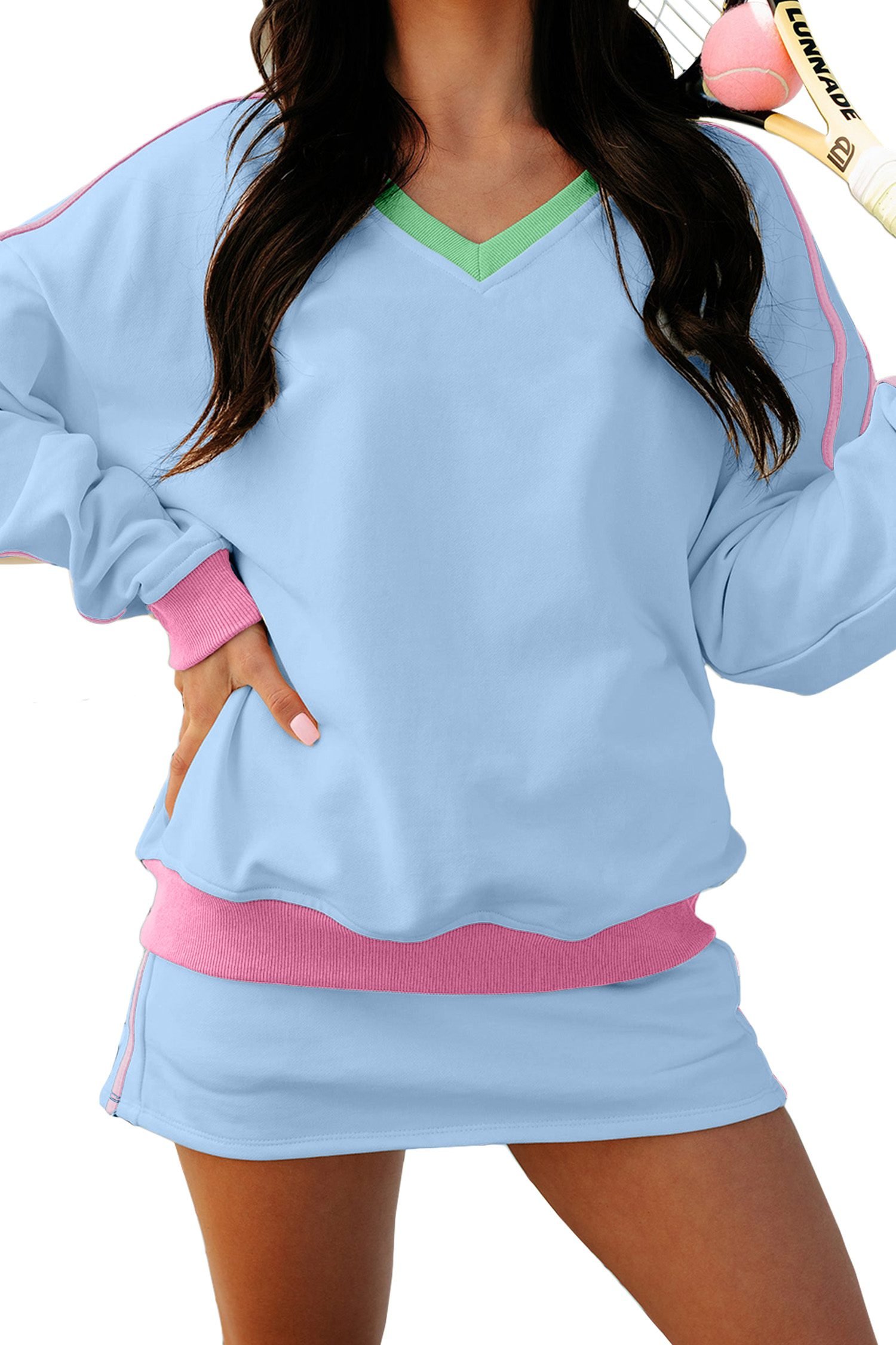Sky Blue Ribbed Colorblock Trim V Neck Sporty Pullover Mini Skort 2pcs Athleisure Set