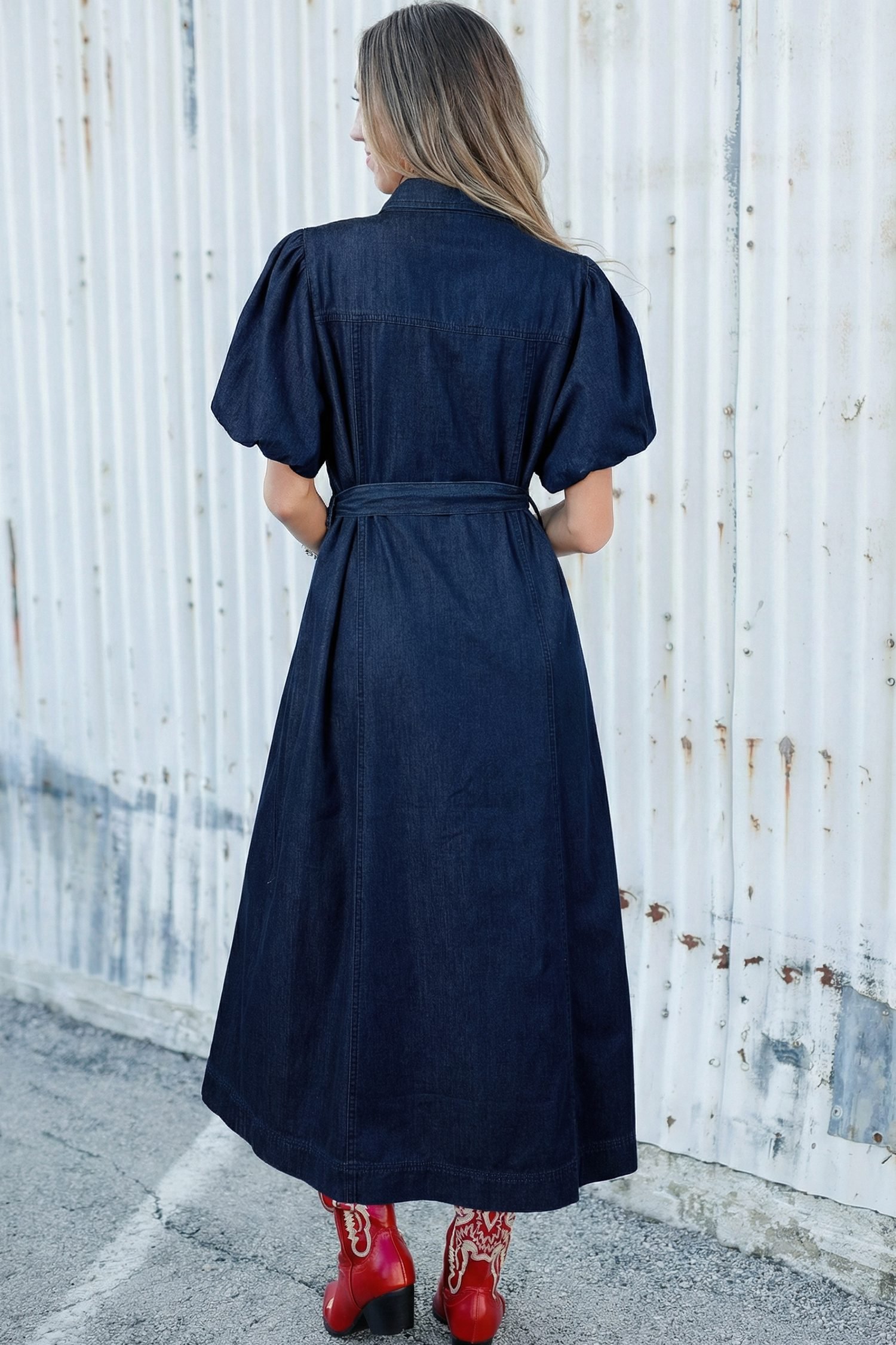 Sail Blue Full Buttons Collared Short Bubble Sleeve Long Denim Dress
