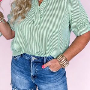 Mint Green Plus Size Striped Print Collar V Neck Short Sleeve Blouse