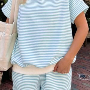 Sky Blue Stripe Cuffed Sleeve Contrast Mock Neck Tee Casual 2pcs Short Set