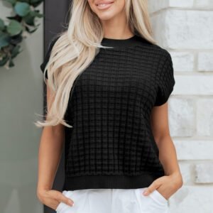 Black Solid Color Round Neck Textured Short Sleeve Sweater