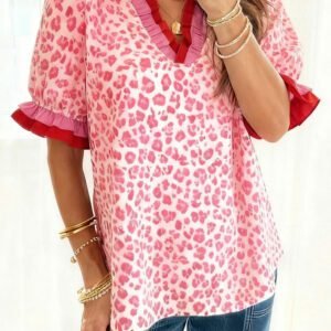 Pink Stripe Ruffled Trim V Neck Leopard Print Short Sleeve Blouse