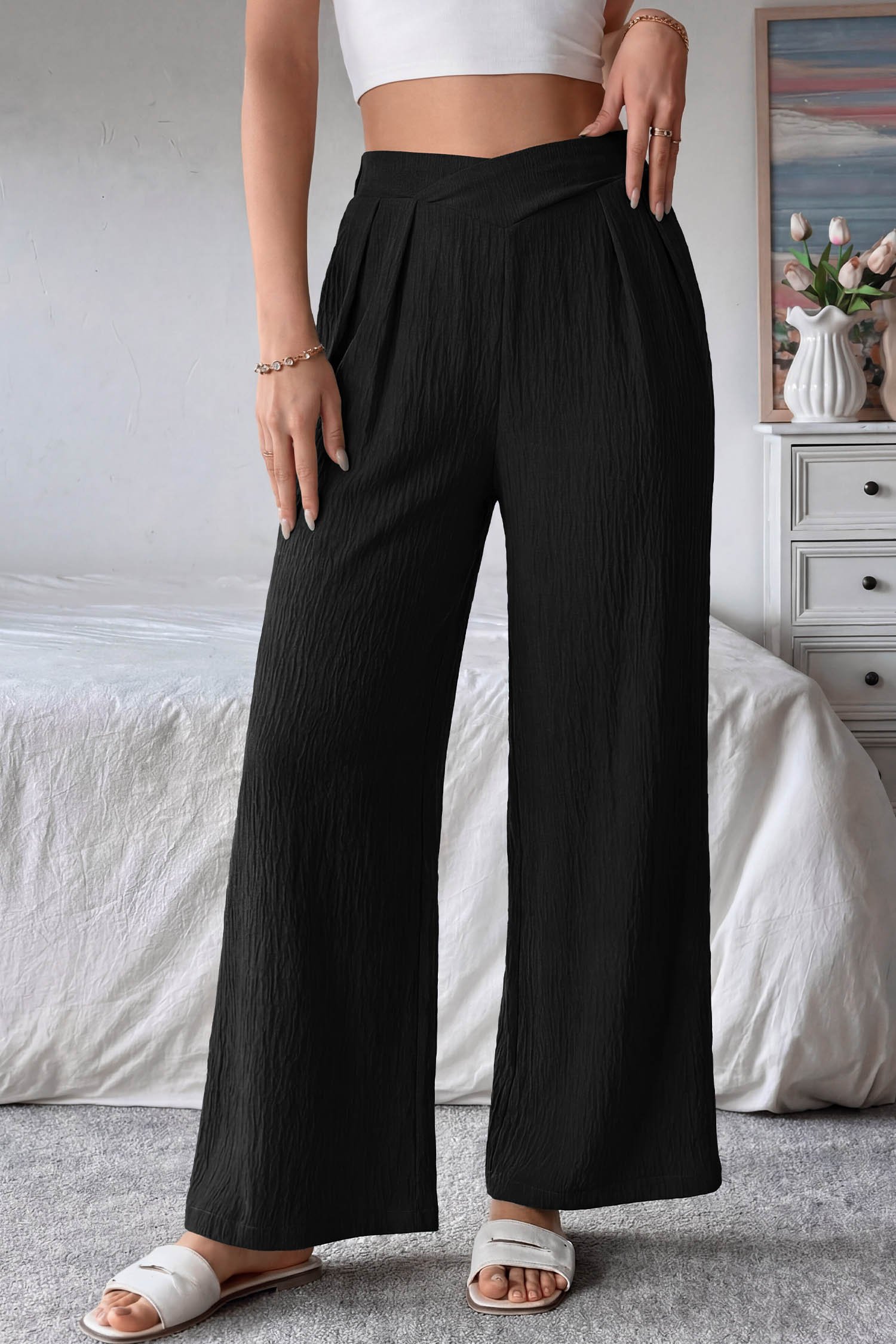 Color black Solid Color Textured Crossed Waist Loose Pants