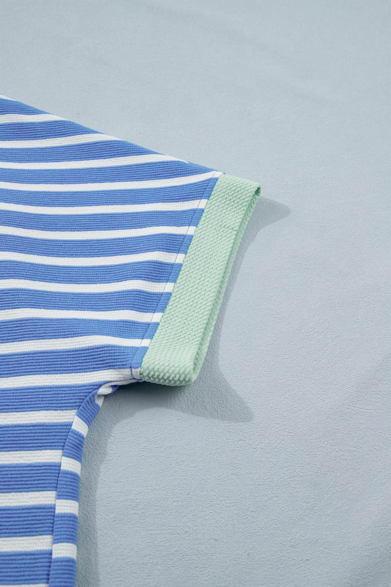 Sky Blue Stripe Contrast Trim Loose Short Sleeve Top