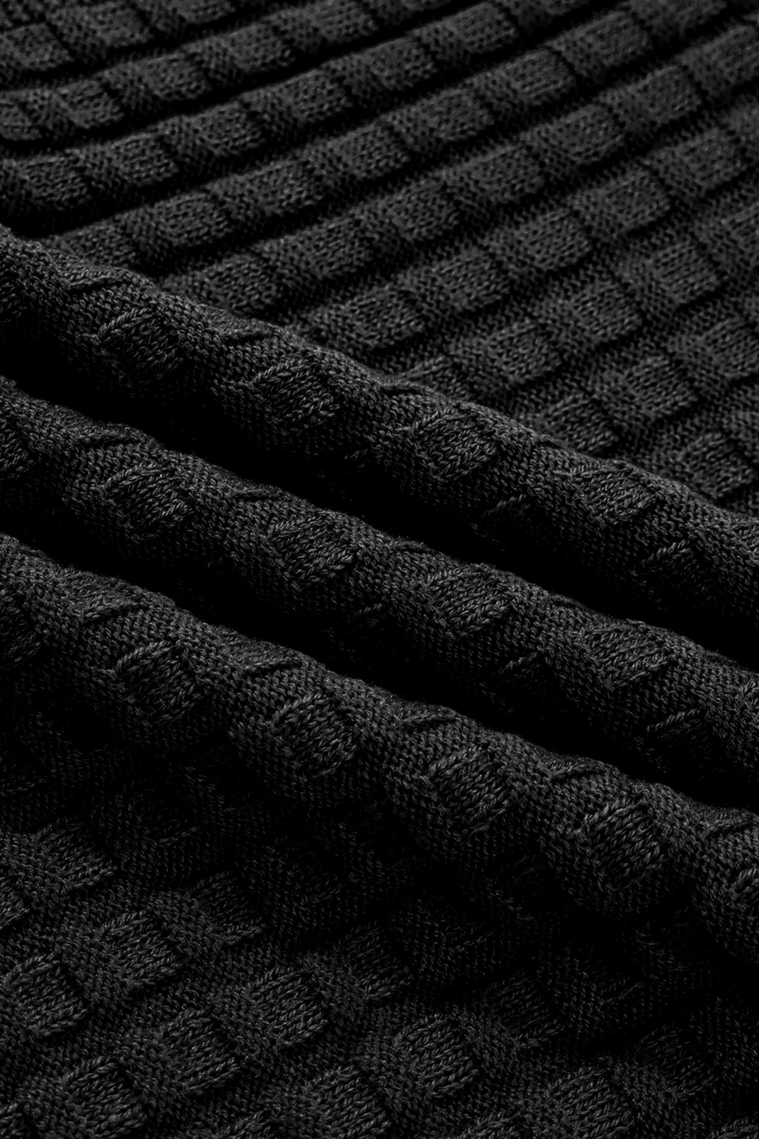 Black Solid Color Round Neck Textured Short Sleeve Sweater