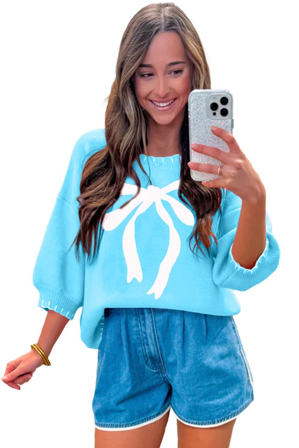Light Blue Big Ribbon Bow Print Contrast Stitch Trim Drop Shoulder Sweater