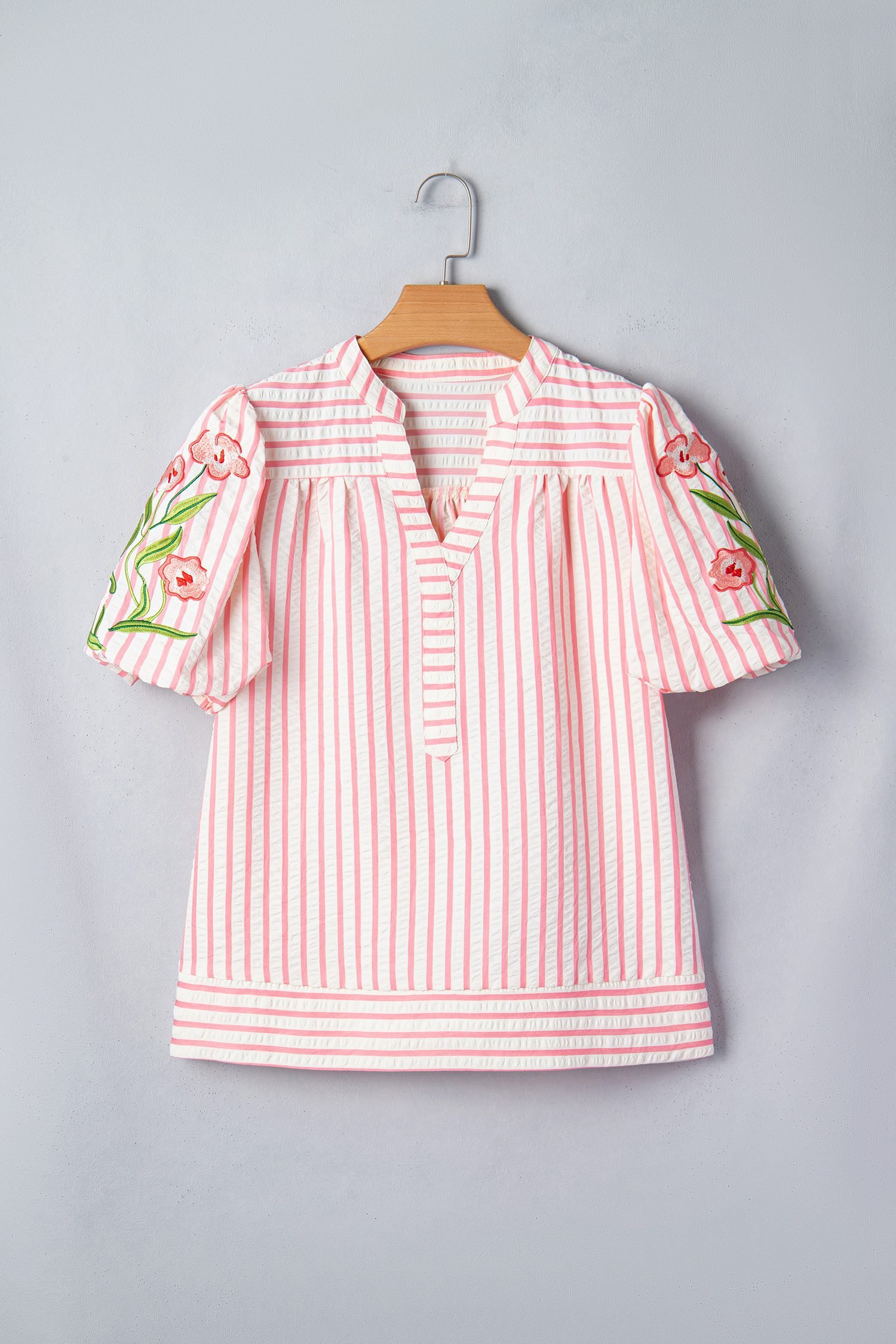 Pink Stripe Print Floral Embroidered Puff Sleeve V Neck Blouse