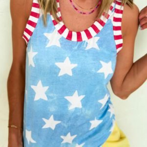 Sky Blue Tie Dye Star Print Striped Trim Round Neck Casual Tank Top