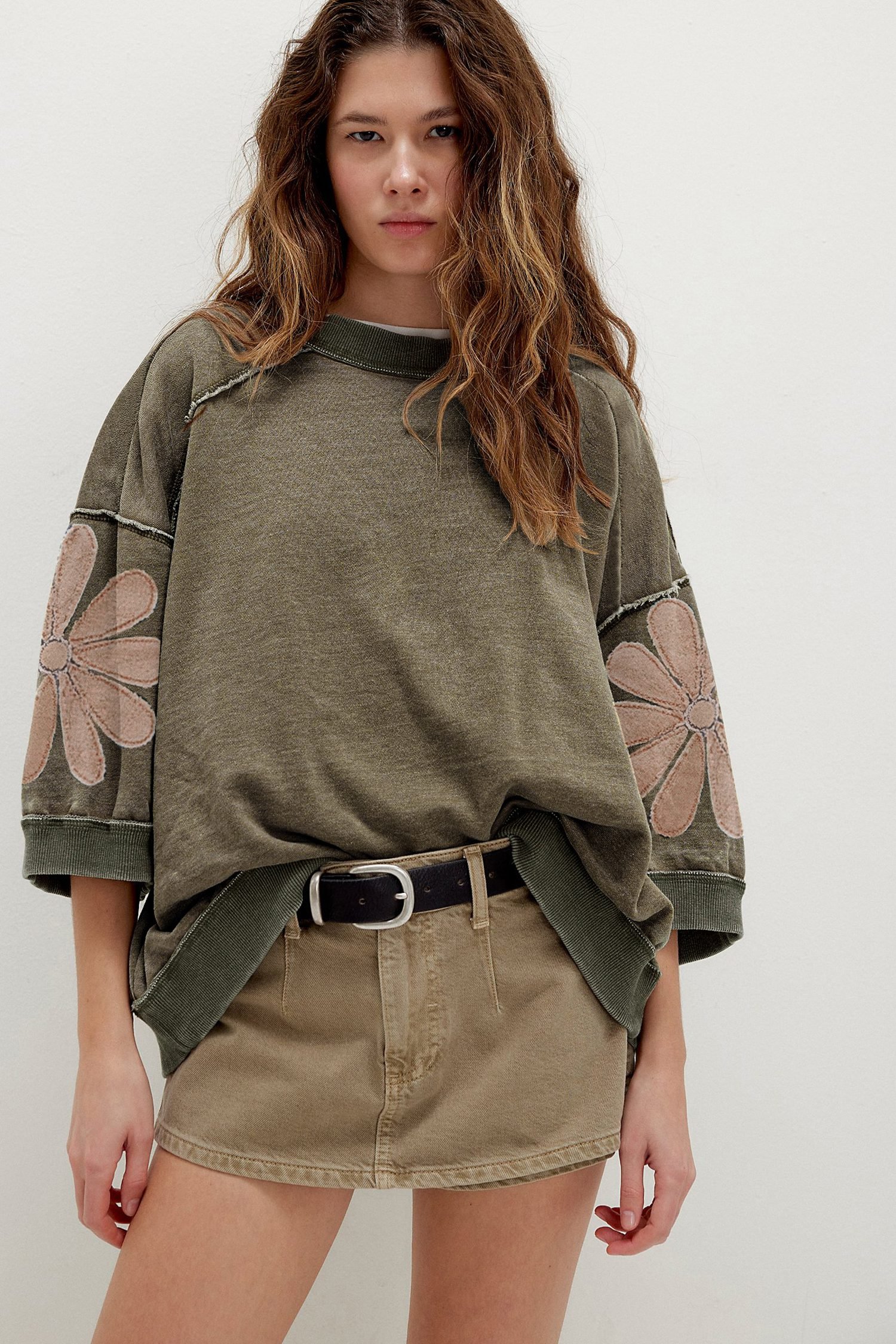 Breen Mineral Wash Raw Seam Patchwork Flower Patched 3/4 Sleeve Oversize Top