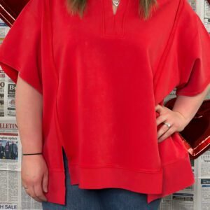 Fiery Red Plus Size Solid Color Notched Neck Seam Detail Patchwork Short Sleeve Top