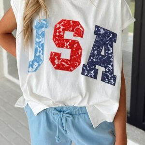 White USA Color Block Letter Printed Dolman Tee