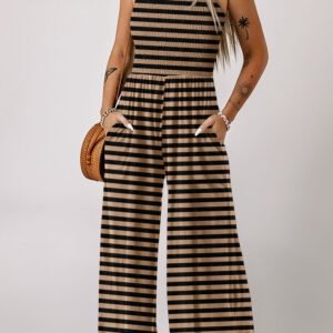 Brown Stripe Square Neck Shirred Wide Leg Jumpsuit