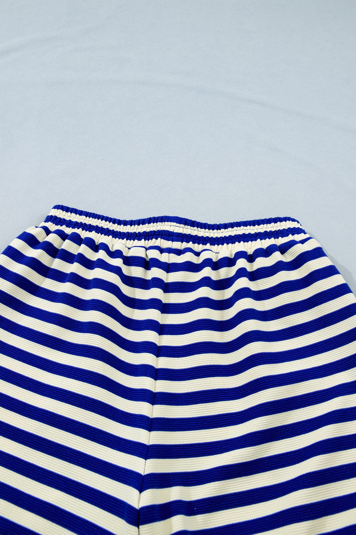 Blue Stripe Contrast Trim Cap Sleeve Top Casual Shorts 2pcs Set