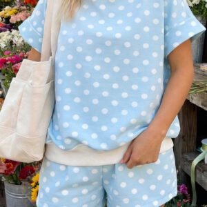 Sky Blue Polka Dot Print Color Block Trim Mock Neck Short Set
