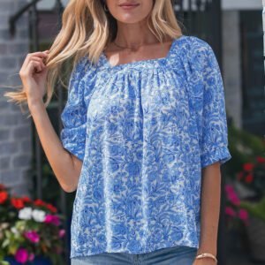 Sky Blue Square Neck Short Puff Sleeve Pleated Floral Blouse