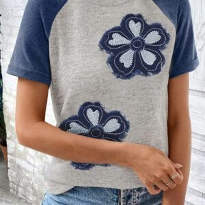 Dark Blue Floral Patchwork Colorblock Raglan Sleeve T Shirt