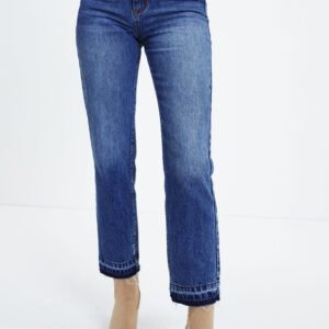 Dark Blue Whiskered Wash Raw Hem Cropped Jeans