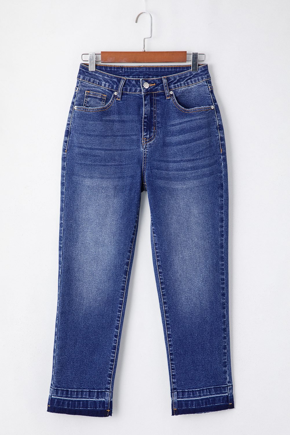 Dark Blue Whiskered Wash Raw Hem Cropped Jeans