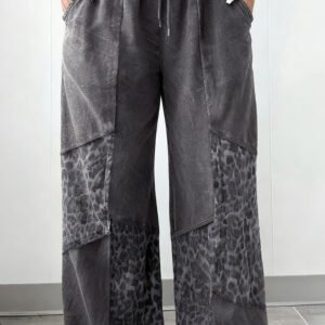 Dark Grey Plus Size Leopard Patchwork Mineral Wash Wide Leg Pants