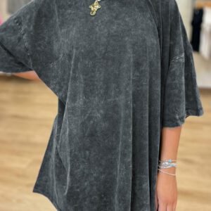 Dark Grey Solid Color Cotton Mineral Washed Oversize Tee