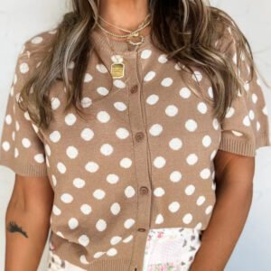 Dark Khaki Polka Dot Short Sleeve Button Down Sweater Cardigan