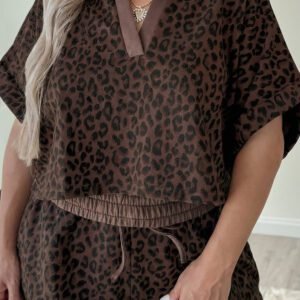 Brown Plus Size Leopard Short Set