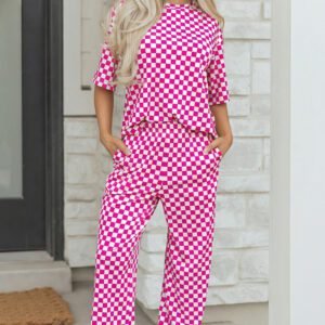 Rose Checkered Print Half Sleeve Tee 2pcs Lounge Pant Set