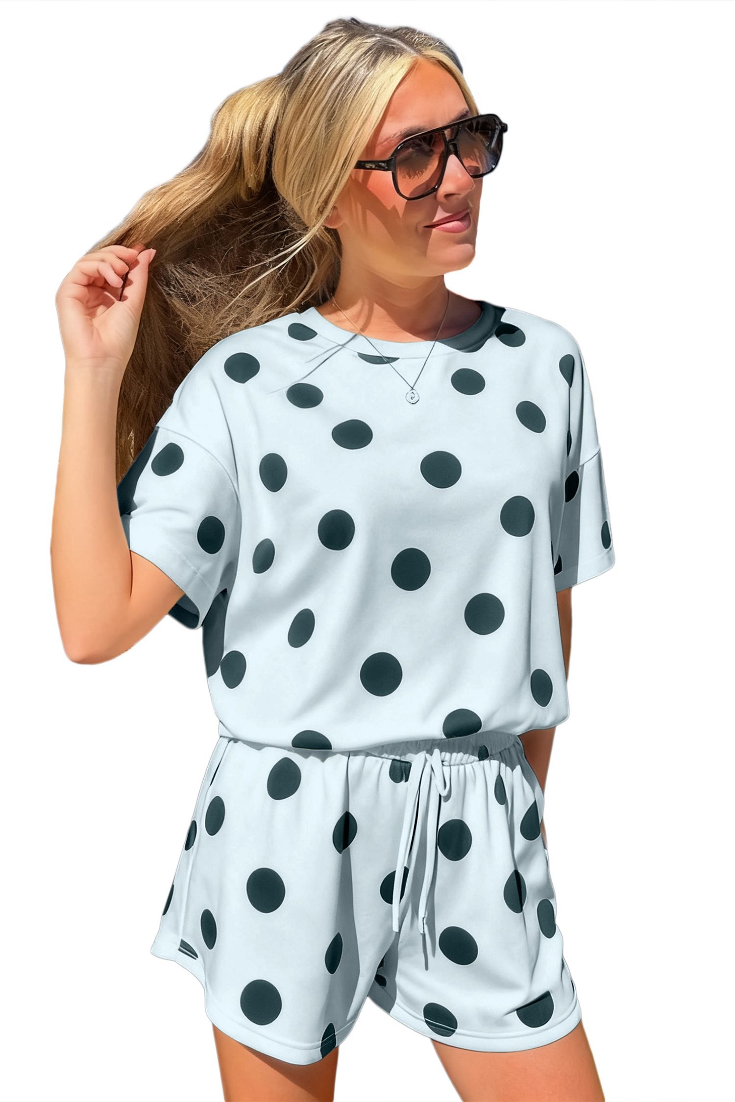 Sky Blue Polka Dot Print Loose Tee Drawstring Elastic Waist Short Set