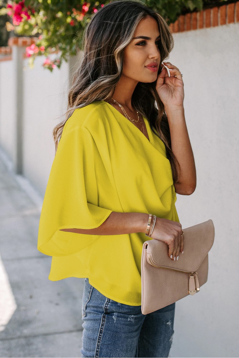 Golden Glow Women's Casual Summer Sleeve Wrap V Neck Draped Blouses