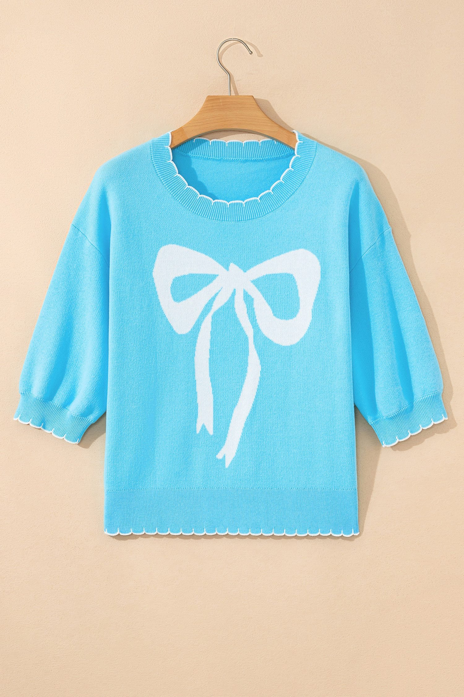 Light Blue Big Ribbon Bow Print Contrast Stitch Trim Drop Shoulder Sweater