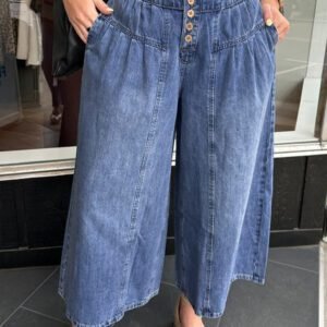 Dusk Blue High Rise Buttons Pleated Cropped Wide Leg Denim Pants