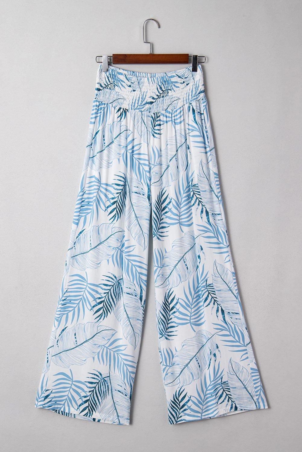 Sky Blue Geometric/ Floral/ Botanic Print Shirred Waistband Wide Leg Pants