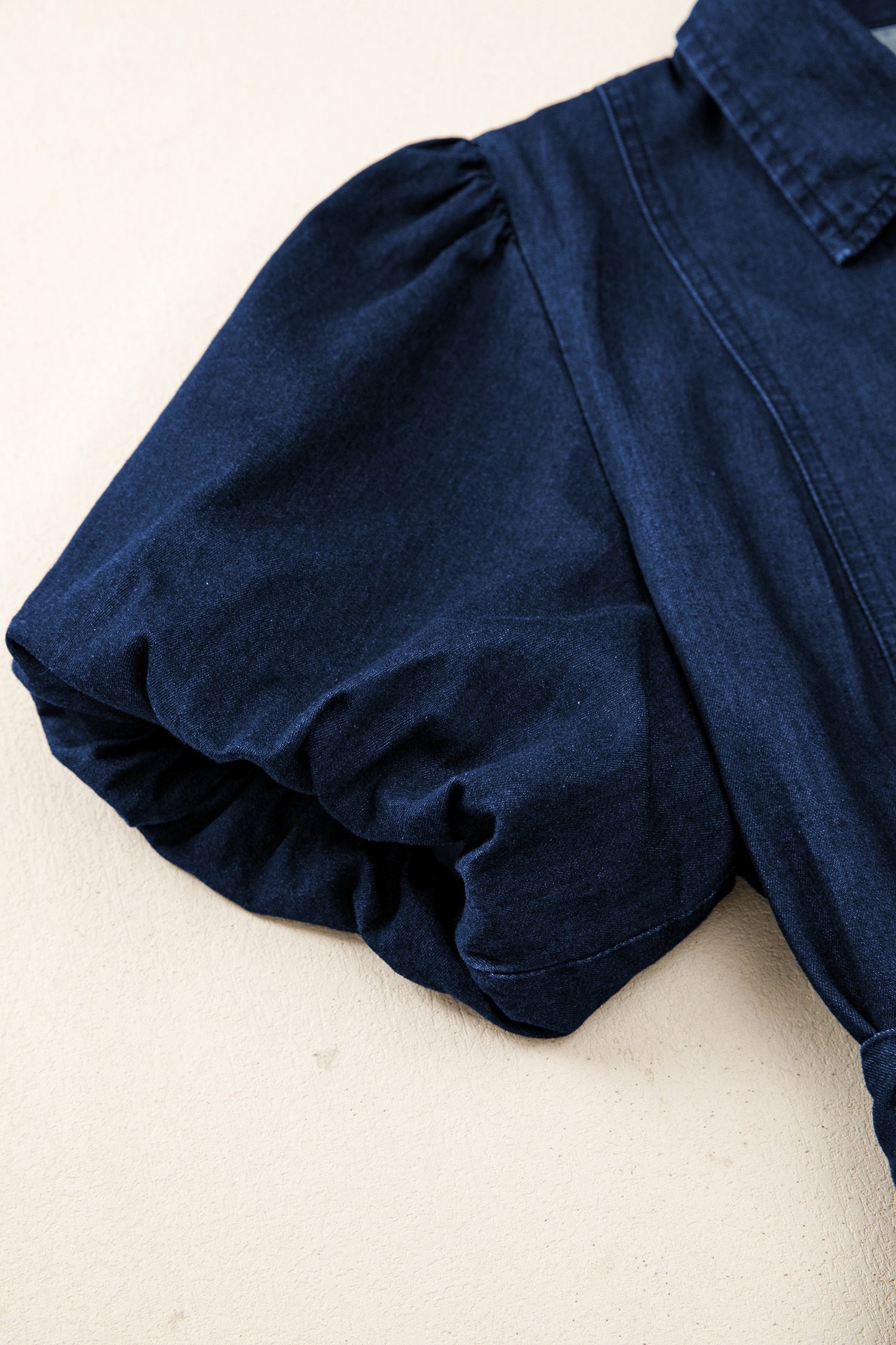 Sail Blue Full Buttons Collared Short Bubble Sleeve Long Denim Dress