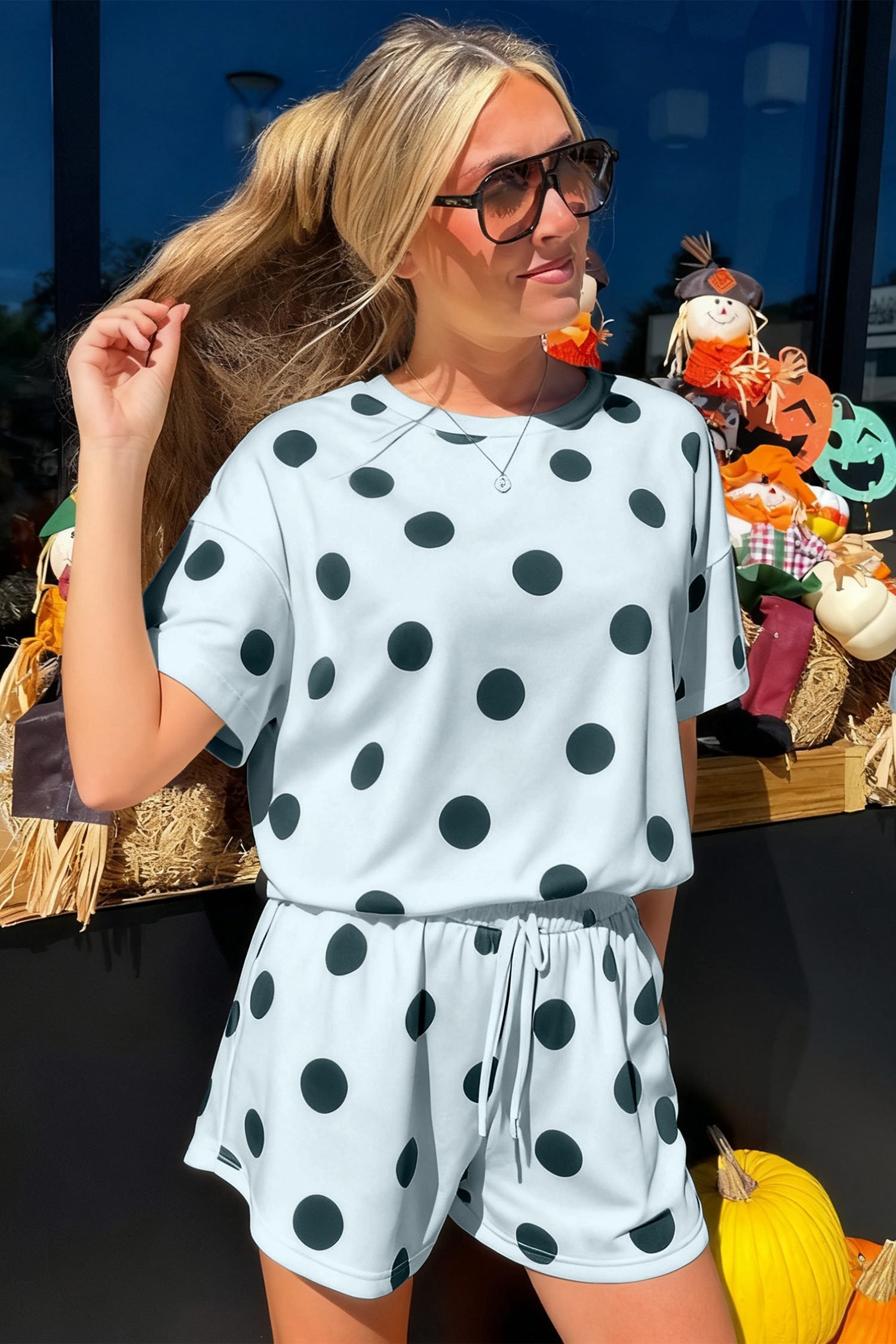 Sky Blue Polka Dot Print Loose Tee Drawstring Elastic Waist Short Set