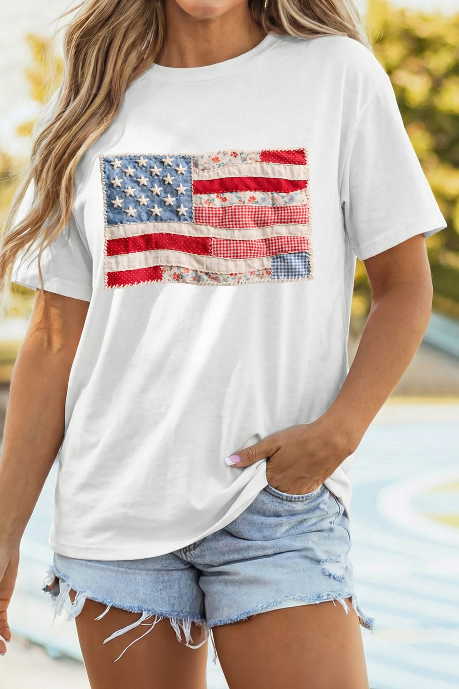 White Faux Patchwork Printed US Flag Casual Tee