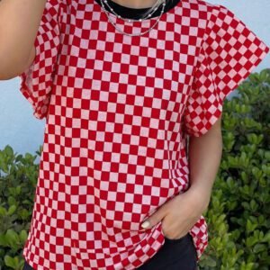 Red Checkered Print Ruffle Short Sleeve Contrast Trim Round Neck Top