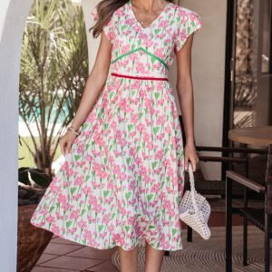 Pink Floral Print Contrast Trim V Neck Short Sleeve Elegant Midi Dress