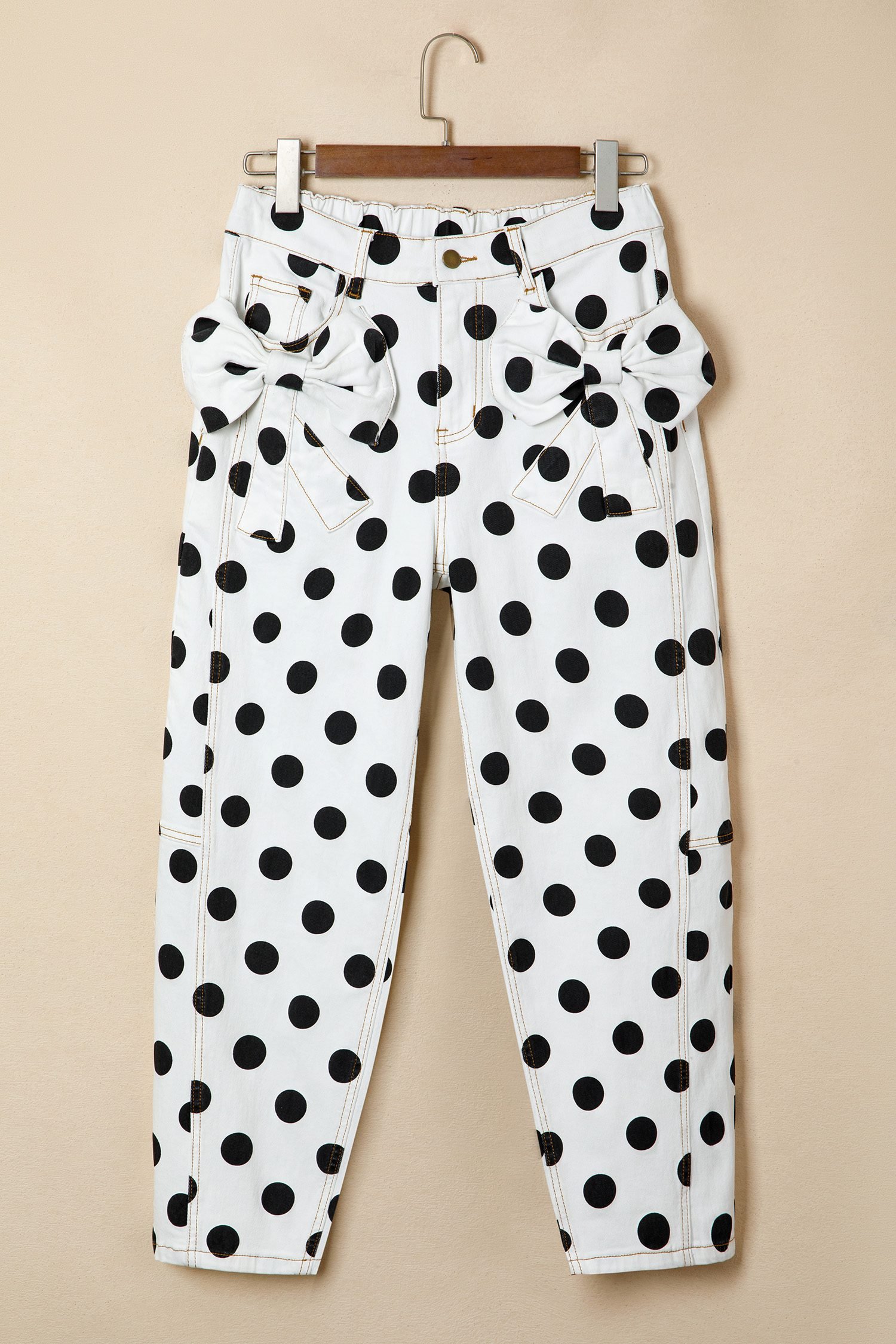 White Polka Dot Print Bow Detail Pocketed Jeans