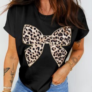 Black Leopard Bow Embroidered Cotton Round Neck T Shirt