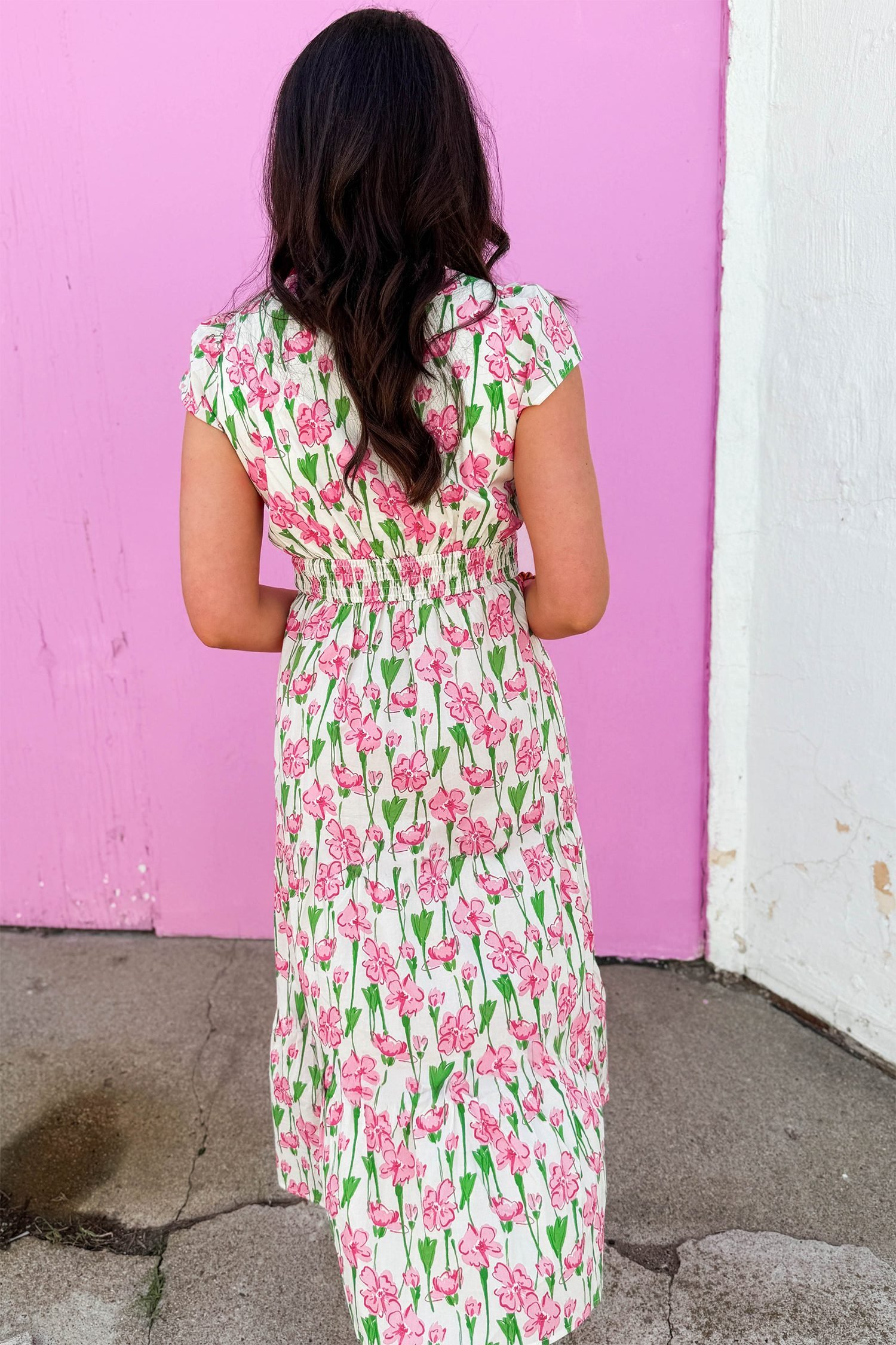 Pink Floral Print Contrast Trim V Neck Short Sleeve Elegant Midi Dress