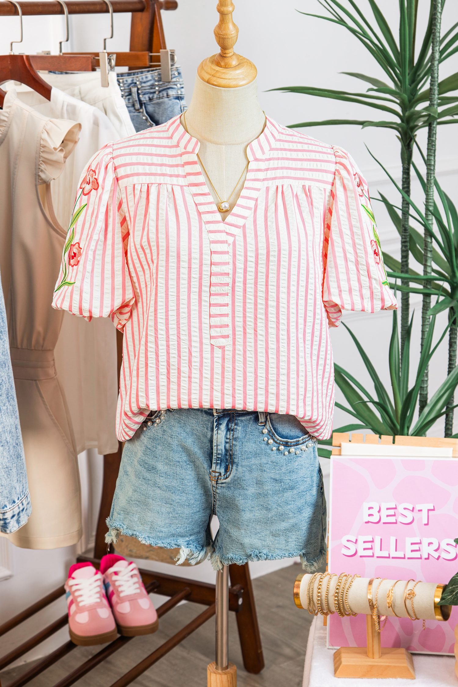 Pink Stripe Print Floral Embroidered Puff Sleeve V Neck Blouse