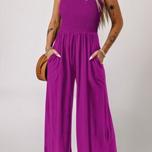 Purple Orchid Smocked Square Neck Sleeveless Jumpsuit with Pockets